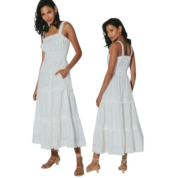 Cleobella Jolene White Organic Cotton Heart Tiered Midi Dress XS Smocked Boho - Picture 1 of 11